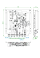 Oventrop Wohnungsstation mit mehreren Komponenten für Heizkreise, detaillierte Anordnung zeigt Anschlussstellen und Durchflüsse. Layout in technischer Zeichnung, farblich markierte Bereiche.